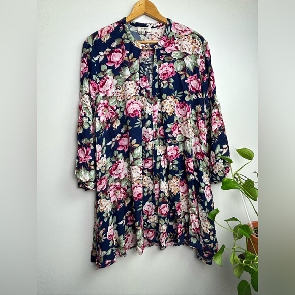 Umgee Usa Floral S Oversized Minimalist boho Flowy woven Long Sleeve Midi Dress - Picture 1 of 9